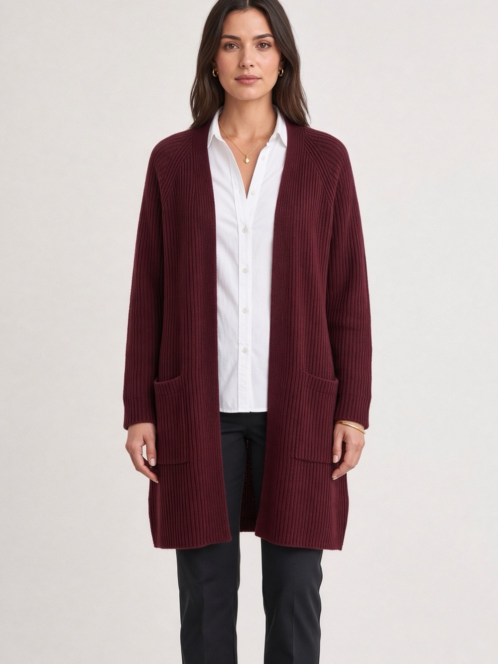 Ann Taylor Open-Front Ribbed Cardigan Sweater - Burgundy